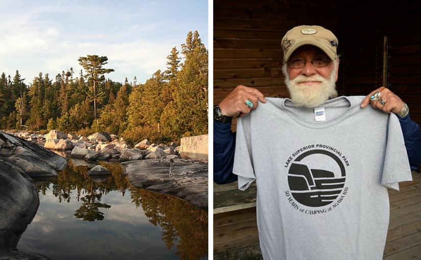 trees and river, Gene holding 50 years at Lake Superior shirt