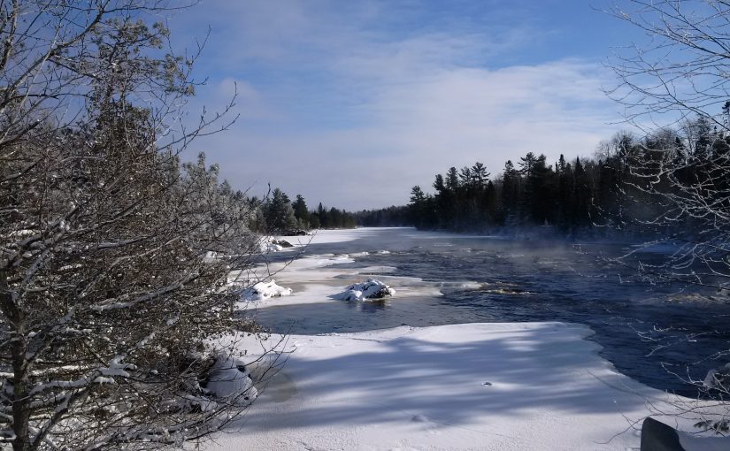 misty winter river with frost covered trees at Quetico