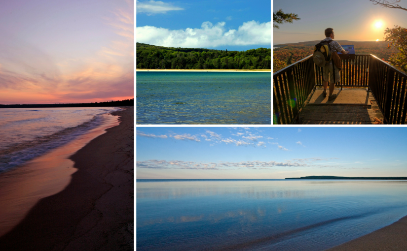 collage of beaches and sunsets