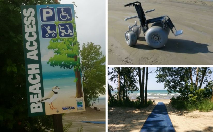 Collage of accessibility sign, wheelchair, and beach mats.