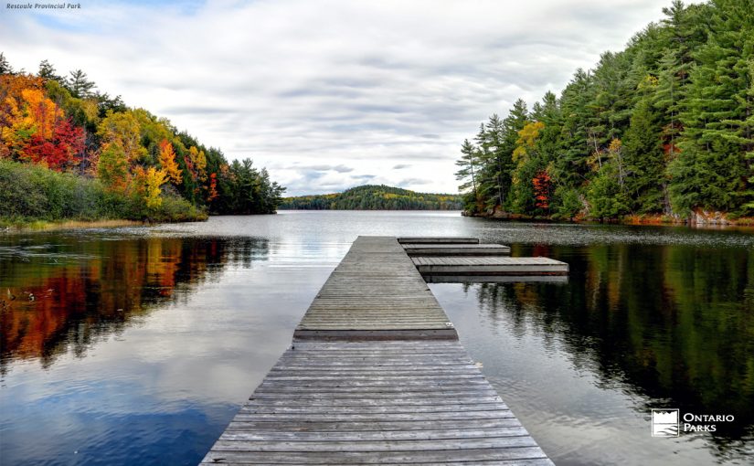 dock and lake, ringed by fall forest