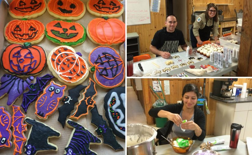 Collage with Halloween cookies and staff baking cookies.