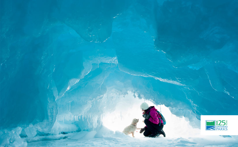 girl and dog in ice cave