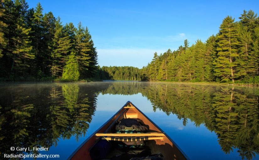 View of the lake and forest from the front of a canoe on a bright, clear day