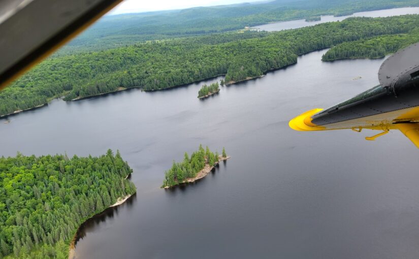 The view from the window of a small plane, overlooking the backcountry of Algonquin: a body of water broken up wit large and small islands, all covered with dense forest.