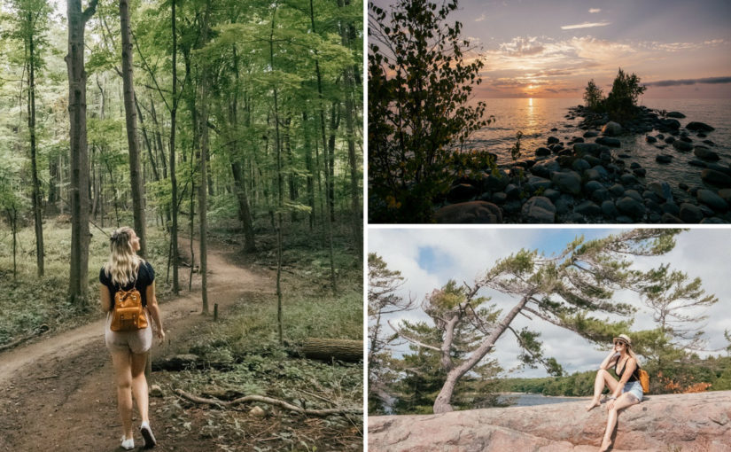 Collage of woman on trail, sunset, and woman by the water