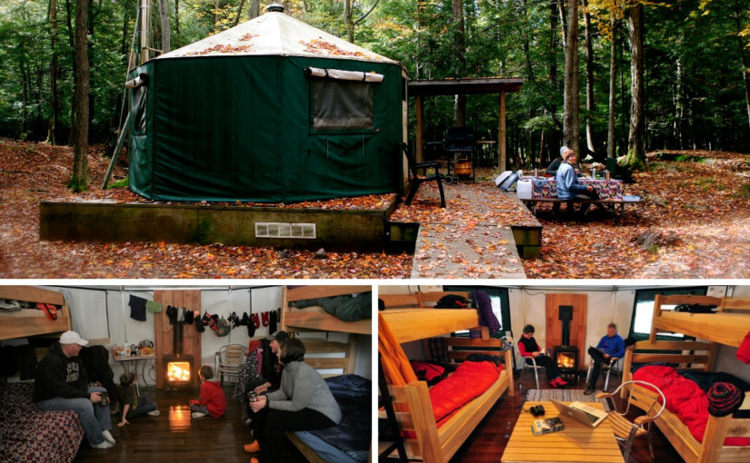 Three photos: top photo of a yurt in the fall, and two bottom photos of families enjoying their yurts