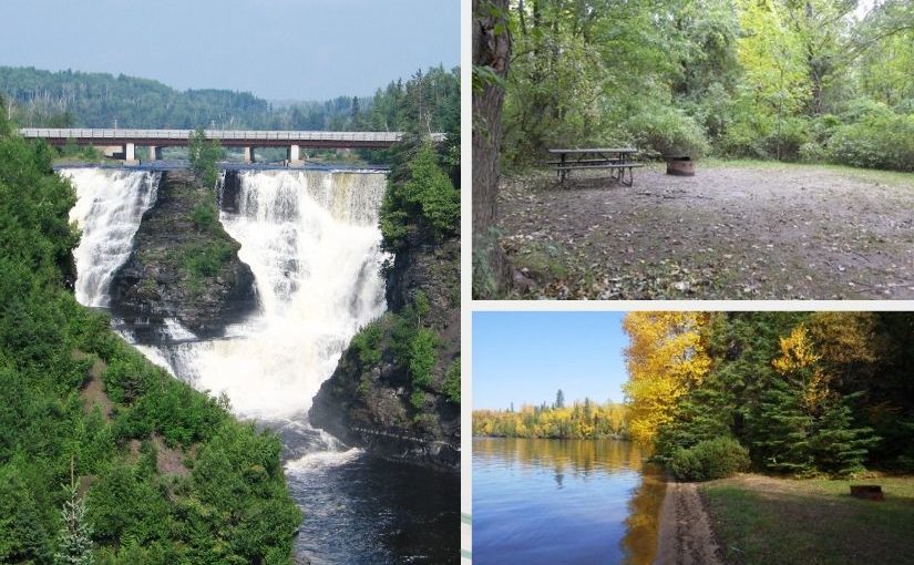 Three photos. One of Kakabeka Falls and two others of featured campsites