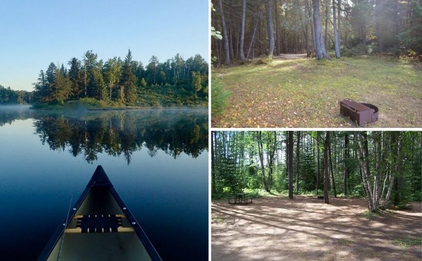 Photo collage. One showing canoeing at Esker Lakes and two others of campsites featured.