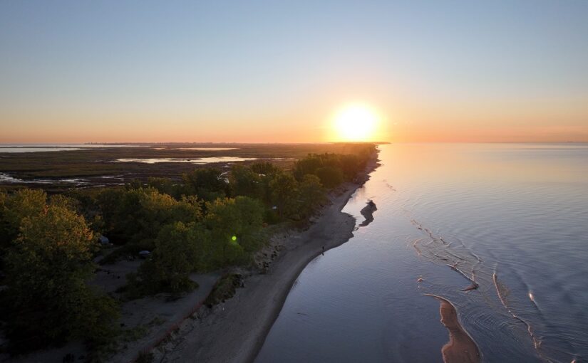 aerial view of beach at sunrise